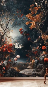 Baroque-inspired floral forest mural integrates with interior