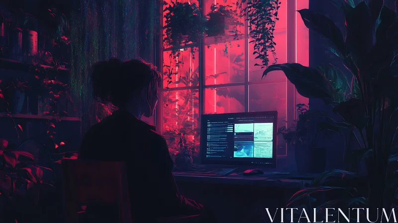 Neon-lit workspace merges digital interface with lush foliage glow
