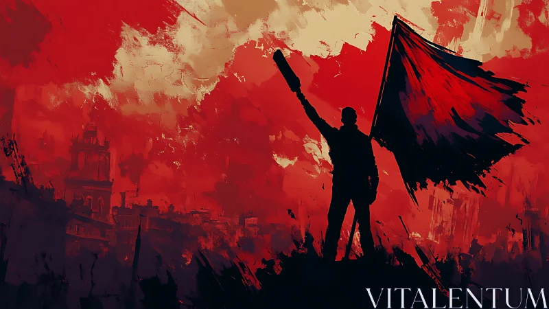 Revolutionary silhouette with tattered red flag over burning city.