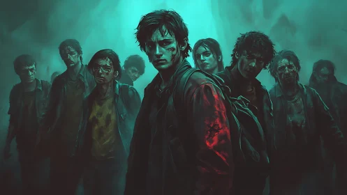 Bloodied young survivor leads group in teal foggy ruin.