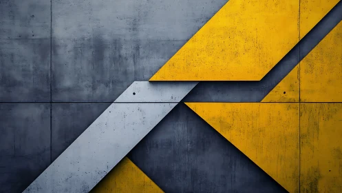 Geometric concrete panels intersect with yellow metal forms