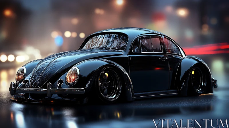 Low-slung black classic car rendered on wet urban street