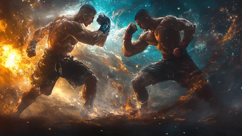 Epic Battle: Two Warriors Collide in Cosmic Fury.