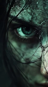 Haunting close up eye peers through decay and shadowed web