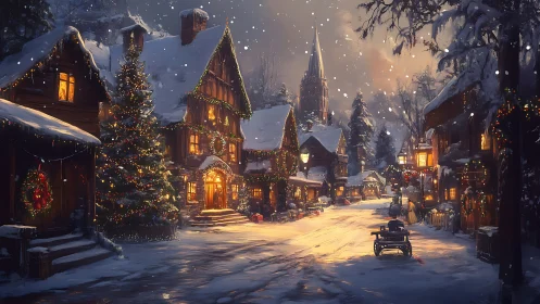 Snow-covered village street with seasonal evening lighting.