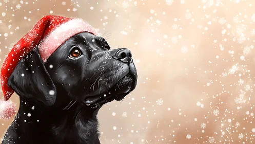 Black dog in Santa hat looks upward amid falling snow