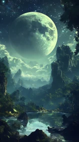 Luminous moonrise above emerald alien rainforest and lake.