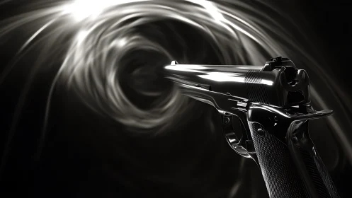Metallic handgun in perspective against swirling light vortex.