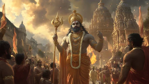 Radiant temple guardian strides through golden storm of faith.