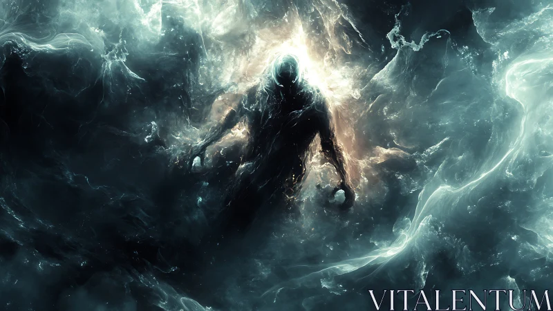 Cosmic shadow strides through stormlit nebula tides