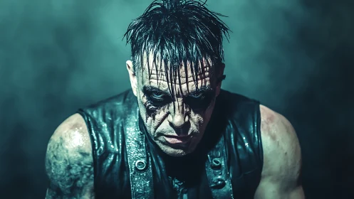 Intense gothic performer stares forward through stage haze.