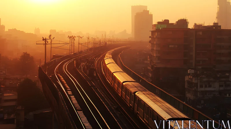 Urban metro line curves through golden atmospheric haze.