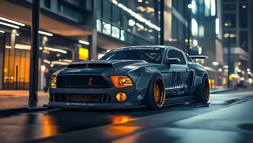 Custom widebody muscle car glows under neon city lights.