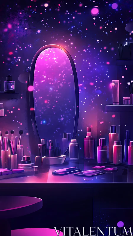 Cosmic vanity station with neon-lit cosmetics and mirror glow.