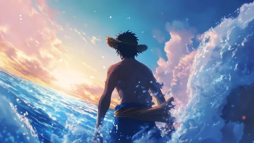 Straw hat figure walks into glowing ocean sunset