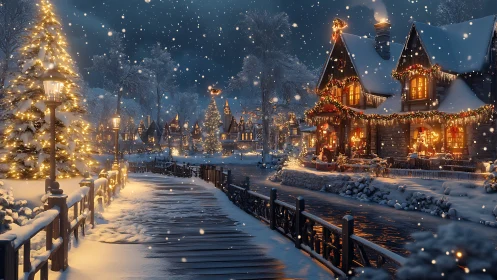 Snowy festive village walkway under warm holiday lights.