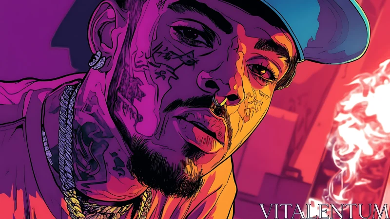 Tattooed man in cap lit by intense neon gradient lighting