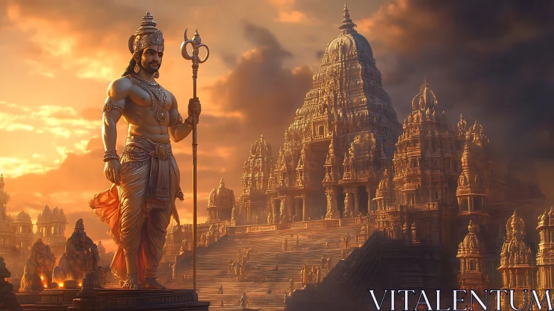 Sunlit warrior towers over a golden temple city in reverence