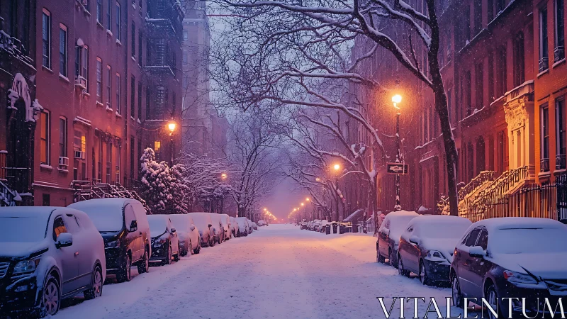 Snow-laden city street under warm winter lamplights at dusk.