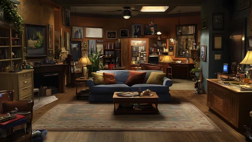 Eclectic living room merged with study and media workspace.