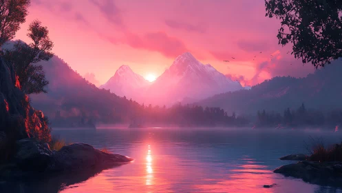 Radiant alpine sunrise over still misty lake in magenta hues