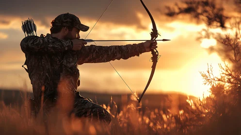 Sunset bowhunter drawing silence tight across the sky.