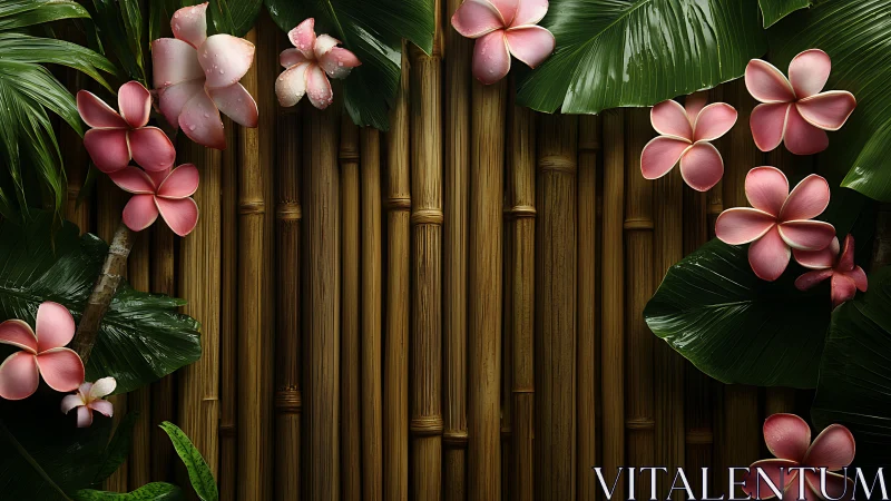 Pink plumeria flowers arranged on woven bamboo background with tropical foliage.