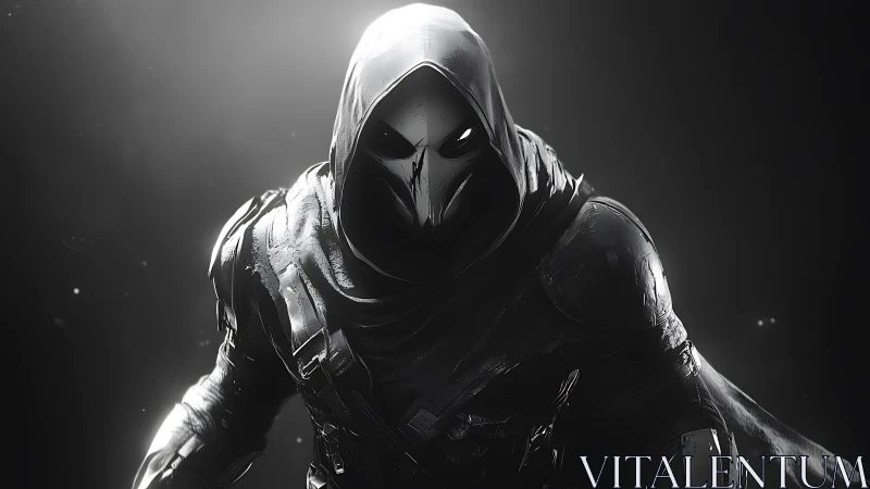 Midnight raven assassin emerging from the grayscale void.