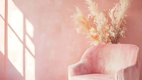 Soft pink armchair and dried blooms in lazy afternoon light.