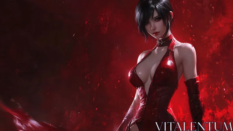 Crimson clad heroine stands bold in a storm of red light