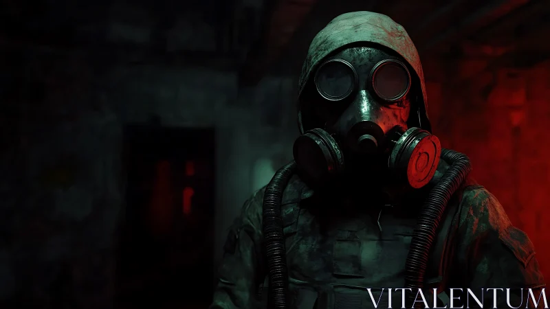 Gas-masked wanderer haunts red-lit ruin of toxic silence.