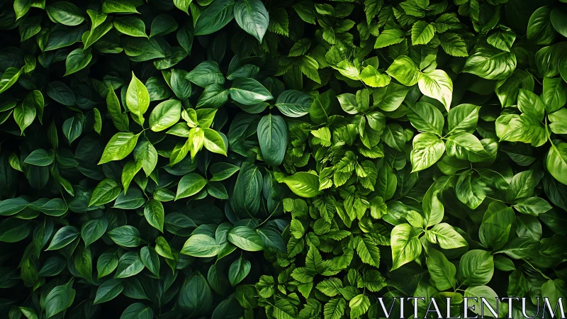 Lush green leaf wall where calm shadows meet soft sunlit glow.