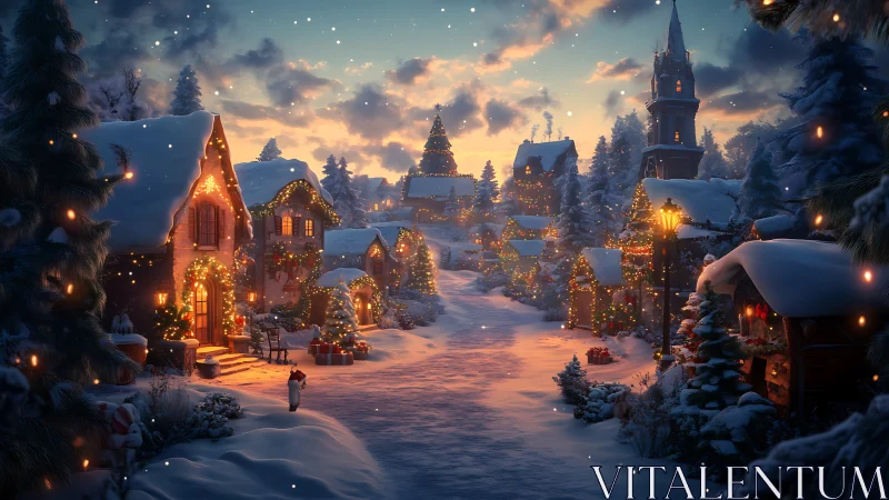 Snow-dusted Christmas lane glowing with twilight wonder.