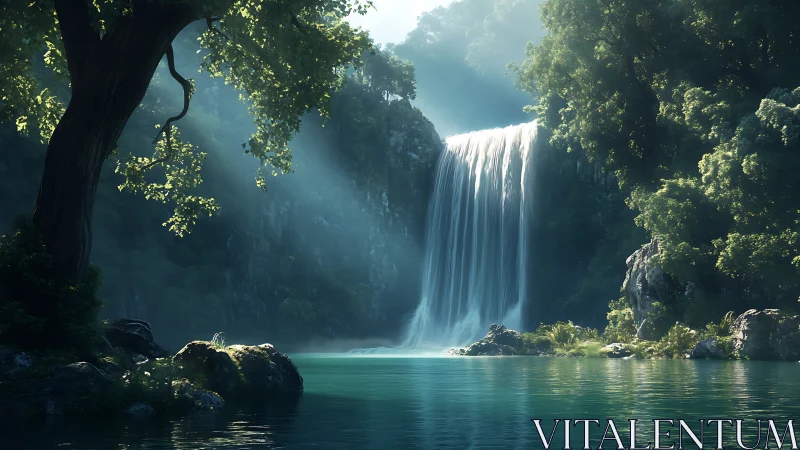 Whispering emerald waterfall cradled in enchanted forest cove.