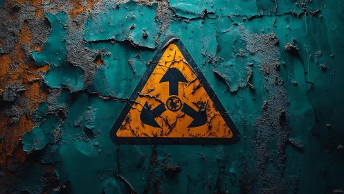 Radioactive warning symbol on corroded teal metal wall