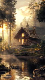 Radiant log cabin at riverside under volumetric dawn light.
