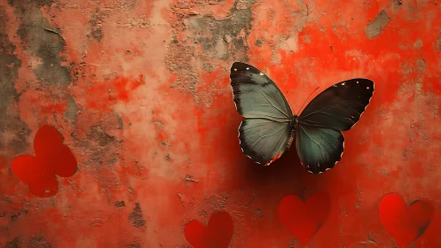 Blue butterfly rests on textured red wall with hearts