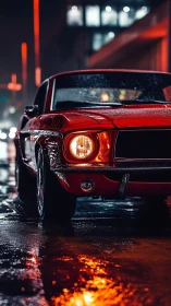 Red vintage coupe is parked on a wet urban street at night