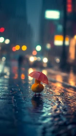 Rubber duck with red umbrella on neon city street at night.