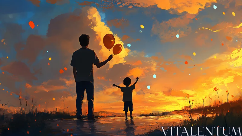 Silhouetted adult and child with balloons at sunset sky.