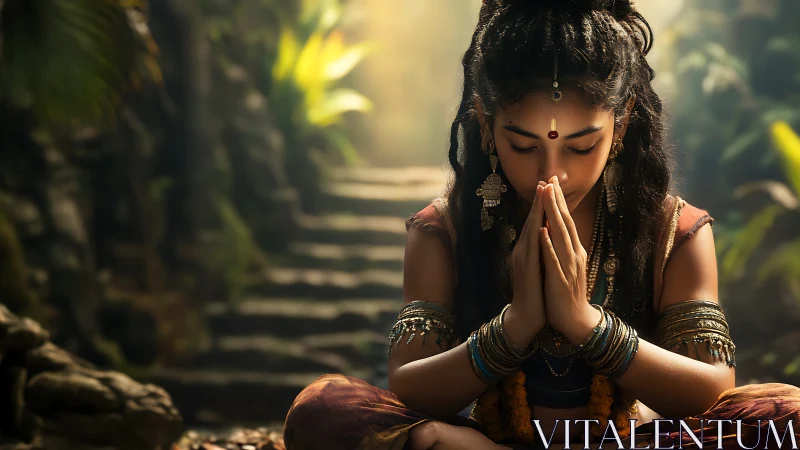 Photorealistic portrait of meditative girl in jungle sanctuary.