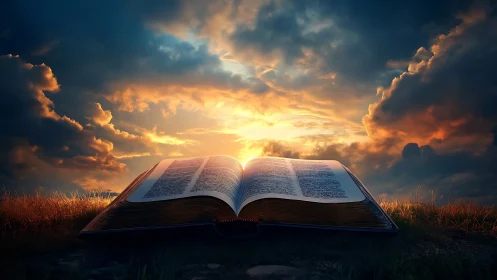 Open holy book glows under dramatic sunset skies