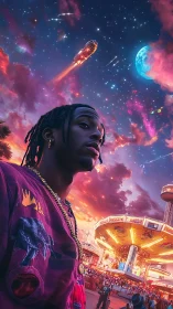 Futuristic carnival portrait under neon galactic skyline.