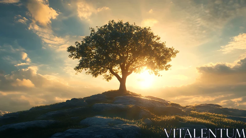 Sunlit hilltop tree crowned by a blazing golden horizon.