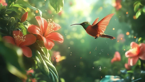 Hummingbird hovers near red flowers in soft green light