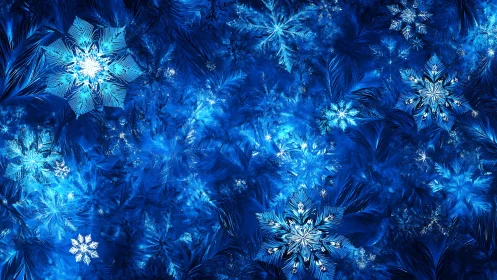 Luminous crystalline snowflakes shimmer over deep blue frost.