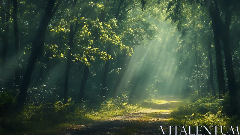 Sunlight Streams Through Lush Forest Path in Serene Morning Light.