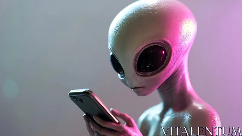 Specular-lit grey alien with smartphone under magenta rim light