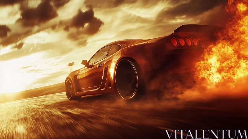 Flaming sports car racing through molten sunset highway.