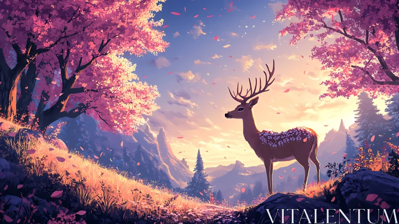 Digital painting of stag under blossom trees at sunset.